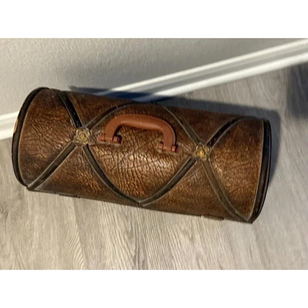 Vtge 30th wooden Box Covered by Natural leather Treasure Cheat Design, Domed Lid